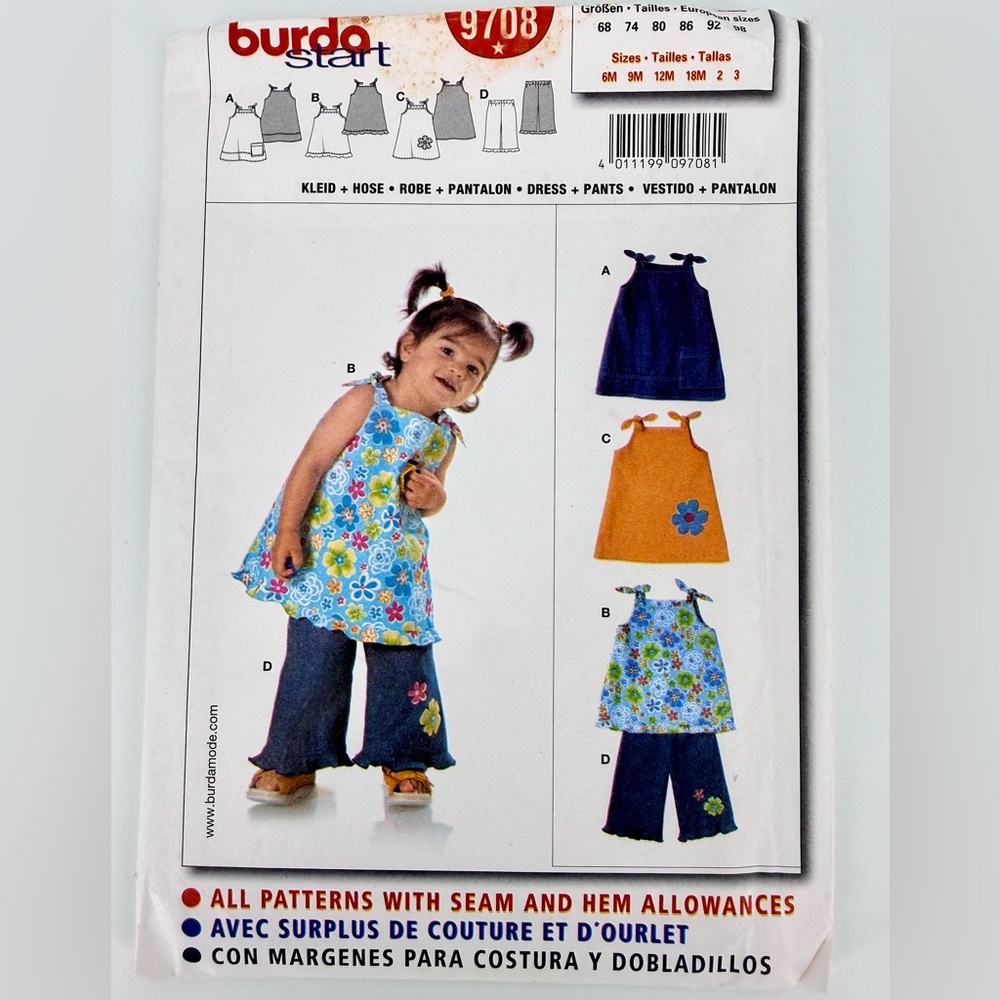 Burda Kids Girls Sewing Pattern #9708 Uncut Children Pants + Dress size 6M-3 Yrs